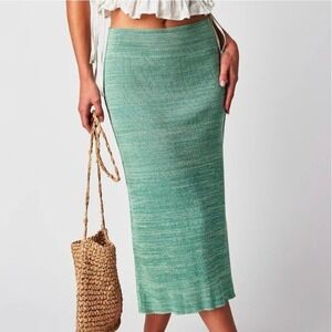 Free People Golden Hour Ribbed Knit Midi Skirt Moss Green Large